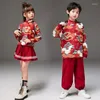 Vêtements ethniques Garçon Ancien Costume Tang Costume Spectacle Porter Rouge Style Chinois Vêtements Imprimés Ensemble Fille Hanfu Jupe Performance Tenue