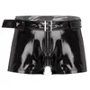 Cuecas sexy mens boxer shorts com cinto molhado olhar crotchless roupa interior duplo zíper aberto cortch bulge bolsa nightclub nightwear