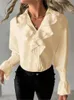 Women's Blouses Elegant Ruffles Blouse Fashion Petal Sleeve V Neck White Shirt 2024 Spring Summer Office Ladies Shirts Solid Color Tops