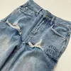 Ripped jeans women designer pants womens fashion splicing letter graphic denim trousers casual loose straight Denim Pants