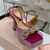 Mach Double Bow Platform Sandal buckle ankle strap 9.5 cm high Square Toe Embellished Rhinestone satin Tapered Heel pumps women's Luxury Designers factory footwears