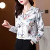 Kvinnor BLOUSES Fashion Satin Women 2024 Vintage Simple Long Sleeve V-Neck Shirts Print Women Casual Clothing Basic Floral Tops