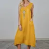 Vestidos casuais primavera verão sem mangas tanque maxi vestido mulheres moda u-pescoço bolso longo festa sexy sólido solto algodão linho boho