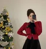 Damskie dzianiny w stylu francuski Złoty aksamitny łuk Krótki dzianin Kardigan Autumn/Winter Korean Fashion Sweet Miękki sweter