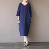 Casual Dresses Autumn 2024 Cotton Linen For Women Plus Size Vintage Loose Three Quarter Sleeve Long Oversize 5XL 6XL