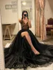 Sexy schwarze Abschlussballkleid Eine Linie Splusion V Hals Abend Elegant Glitzer Gold Pailletten Top -Partykleider für besondere OCNS Promdress