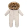 Casaco para baixo -30 inverno quente snowsuit menino 90% pato jaqueta infantil casaco da criança menina roupas criança macacão 2-6y parka roupas de pele real