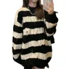 Women's Sweaters Women Long Sleeve O-Neck Jumper Top Ripped Hole Knit Striped Loose Sweater Dress N7YD