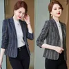 Kvinnors kostymer S-4XL Kvinnor Blazer Jacket Stripe Plaid Slim Spring Autumn Casual Office Work Plus Size Blue Grey