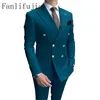 Fanlifujia Store Casual Sky Blue Men Suits Double Breed Lapel Gold Button Groom Wedding Tuxedos Costume Homme 240123
