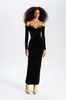 Casual Dresses Elegant Lace Edge Black Velvet Long Dress Fashion Celebrity Evening Party Gown Slimming Winter Style Chic Women's