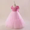 Girl Dresses Ballgown Pink Short Sleeves V Neck Wedding Party Gowns Luxury Children Sequins Formal Evening Show Performance