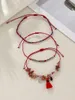 Strand 3 Alloy Stone Crystal Beads With Red Fringe Hanging Ornaments Hand Rope Set