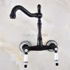 Bathroom Sink Faucets Black Oil Rubbed Brass Kitchen Basin Faucet Mixer Tap Swivel Spout Wall Mounted Dual Ceramic Handles Lnf831