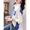 Kvinnors blusar S-2XL Womens Shirts Ladies Blue Spring Summer Long Sleeve Single Breasted Turn-Down Collar Patchwork Female Top Clothes