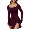 Vestidos casuais mulheres sexy lado fenda vestido quadrado pescoço alargamento manga mini elegante para primavera verão cor sólida vestidos femininos