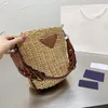 Straw Beach Bag Woven Handmade Shoulder Sling Crossbody Bags Clutch Wallet Purse Two-tone Leather Brown Pouch2364