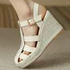 Dress Shoes Women's Genuine Leather Braided Cage T-strap Wedge Platform High Heel Sandals Bohemia Style Casual Female Heels Pumps