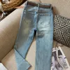 Plus Size women jeans designer pants fashion metal charm letter graphic nine-quarter denim Pants high-waisted loose-fitting straight-leg trouser