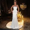 Abiti da sposa con collo in rilievo modesto Abito da sposa a maniche lunghe a sirena con pieghe Bottone sul retro Raso vestido de novia