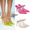 Dress Shoes Clear PVC Mules Women Pointy Toe Crystal Strap High Heel Sanaals Yellow Pink White Thin Heels Transparent Pumps