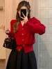 Women's Knits Red Bow Cashmere Sweater V-neck Knitted Cardigan Coat 2024 Spring Autumn Loose Small Fragrant Slim Fit Top X831