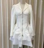 Casual Dresses French Spring White Ruffles Cake Party Mini Dress Designer Women notched Collar Puff Sleeve Zipper Diamonds Blazer Prom