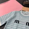 Miu Korean Brand Designer Womens Short Sleeve Embroidery Letter Tee Slim Fit Sexy Top Striped Knitted Tshirt