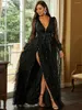 Casual Dresses Elegant Banket Elegance Ladies Autumn Black Silk Mesh Sequin Display Event Evening Dress Long Women's