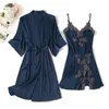 Damen-Nachtwäsche, Sommer, 2 Stück, Nachthemd, Bademantel, Schlafanzug, sexy Damen-Satin-Robe, Kleid-Sets, Spitze, Blumen-Nachthemd, Kimono, Zuhause