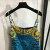 Vintage Print Slip Dress Women Blue Slim Backless kjolar Sexig Summer Party Bodycon kjol