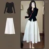 Vestidos de trabalho estilo celebridade fenda com decote em v malha superior cintura meio corpo saia primavera moda terno feminino cedo um conjunto inteiro