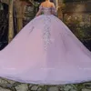 Sparkly Lilac Ball Gown Quinceanera Dress Elegant Luxury Prom Dresses 3D Floral Appliques Lace Beads Tull Party Birthday vestidos de 15