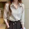 Women's Blouses Silk Shirts V-neck Solid Laides Tops Womens 2024 Spring Fashion Satin Long Sleeve Button Up White OL Vintage Top