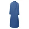 Casual jurken dames zakelijk effen reverskraag dagelijkse maxi-jurk knopen aan de voorkant denim blauw mode losse lange mouwen zachte vakantie