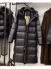 女性のトレンチコートダウンコットンパッドジャケットロングパーカー冬の冬のジャケットコート黒フード付き濃厚な暖かいジッパーメスオーバーコート