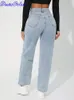 Denimcolab taille haute jambe droite jean femme Style Simple décontracté coton Denim pantalon dames lâche Streetwear 240123