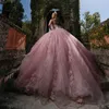 Pink Princess Quinceanera Dresses Off Shoulder Applique Lace Tull Floral Lace-up Prom vestido de 15 verde Birthday Party Gowns