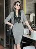 Spring Womens Blazer Set 2 Pieces Grey Black Cardigan Suit Jacket Bow Slip Dress Fashion Elegant Office Lady Feminino Sets 240122