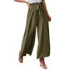 Women's Pants Elegant Women Palazzo Wide Leg Cotton Linen Elastic Waist Drawstring Culottes Trousers Solid Color Loose Pantalones