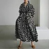 Party Dresses Women's Midi Dress Fashion 2024 Spring Autumn Leopard Print Elastic Wrinkle Lapel Half Sleeve Large Swing Elegant Long