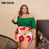 CM.YAYA Plus Size Women Floral Leopard Striped Midi Skirt Suit for Summer Street Mini Blouse Top Chic Matching Set Outfits 240125