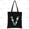 Shopping Bags TOOTH 26 Letter Alphabet Black Canvas Tote Bag Reticule Cosmetic Student Shoulder Handbag