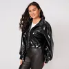 Zip Up Patent Skórzowa kurtka dla kobiet z długim rękawem swobodne kołnierz pu krótki płaszcze płaszcze kurtka motocyklowa Plus Size 240126