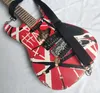 Heavy Relic Edward Van Halen Franken Stein E-Gitarre, weiß, schwarz gestreift, rot, Floyd Rose Tremolo-Steg-Sicherungsmutter, spezieller Gurtknopf