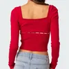 Women's T Shirts Y2k Vintgae T-shirt Long Sleeve Square Neck Contrast Color Tie-up Slim Fit Crop Top Aesthetic Fairy Grunge Pullovers