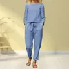 Polyester Women Blus Long Pants With Pocket Sleeve Lounge Trousers Set Solid Colic Elastic Midje semesterdräkt 240124