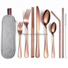 Dinnerware Sets Portable Cutlery Set Stainless Steel Tableware Case Fork Spoon Knife Travel Dinner Bag 9 Pc 1018 Drop Delivery Dhht8