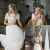 2021 Tweedelige Trouwjurken Een Lijn Korte Mouwen Chiffon Kant Applique Uit De Schouder Boho Strand Trouwjurk vestido de novi242m