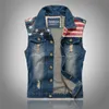 Vest for Men Spliced USA Flag Demin Waistcoat Mens Jackets Fashion Boy Jeans Streetwear Casual Biker Vintage Frayed Pocket Coats 240119